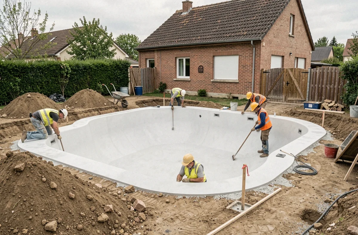 Chantier de construction Abaque Pool dans un jardin de Seine-Saint-Denis, ouvriers en tenue de sécurité appliquant un enduit béton blanc dans une coque de piscine fraîchement excavée