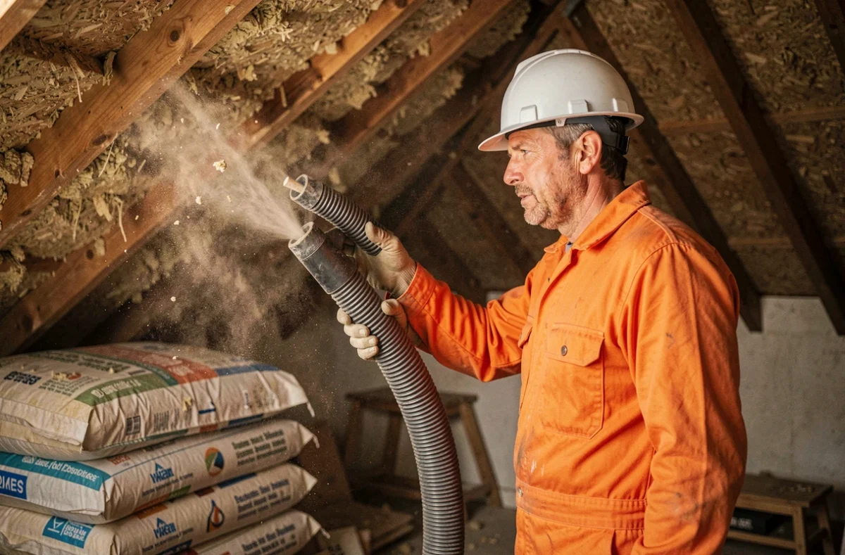 Ouvrier d'Action Isolation insufflant de la ouate de cellulose dans les combles d'une maison des Yvelines