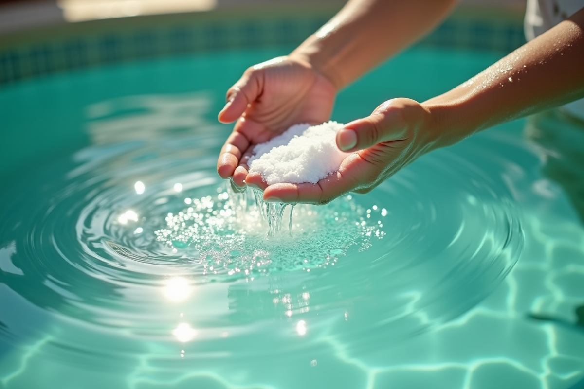 Main saupoudrant du bicarbonate dans une piscine verte