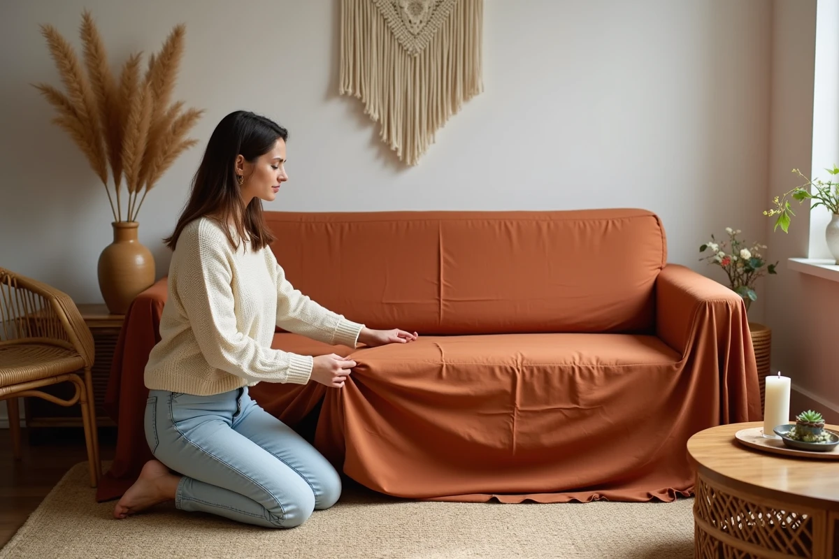 Femme ajustant une housse de canapé méridienne en coton terracotta dans un salon bohème décoré avec du rotin