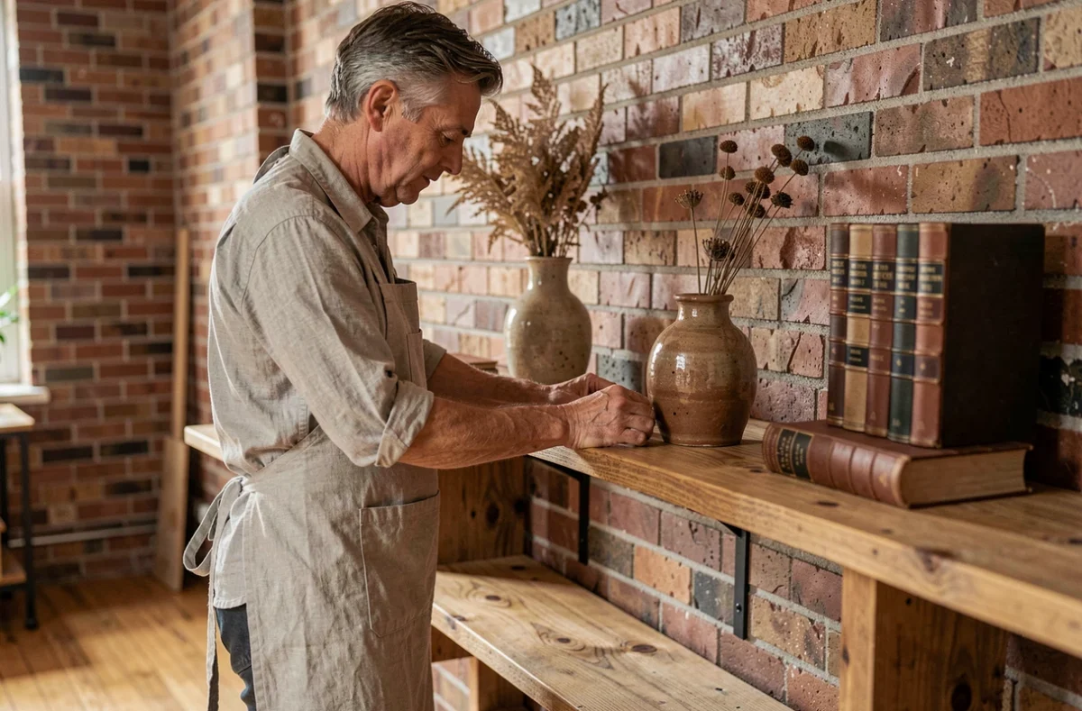 Personne arrangeant des objets vintage sur une étagère en bois de récupération dans un salon loft avec mur en briques