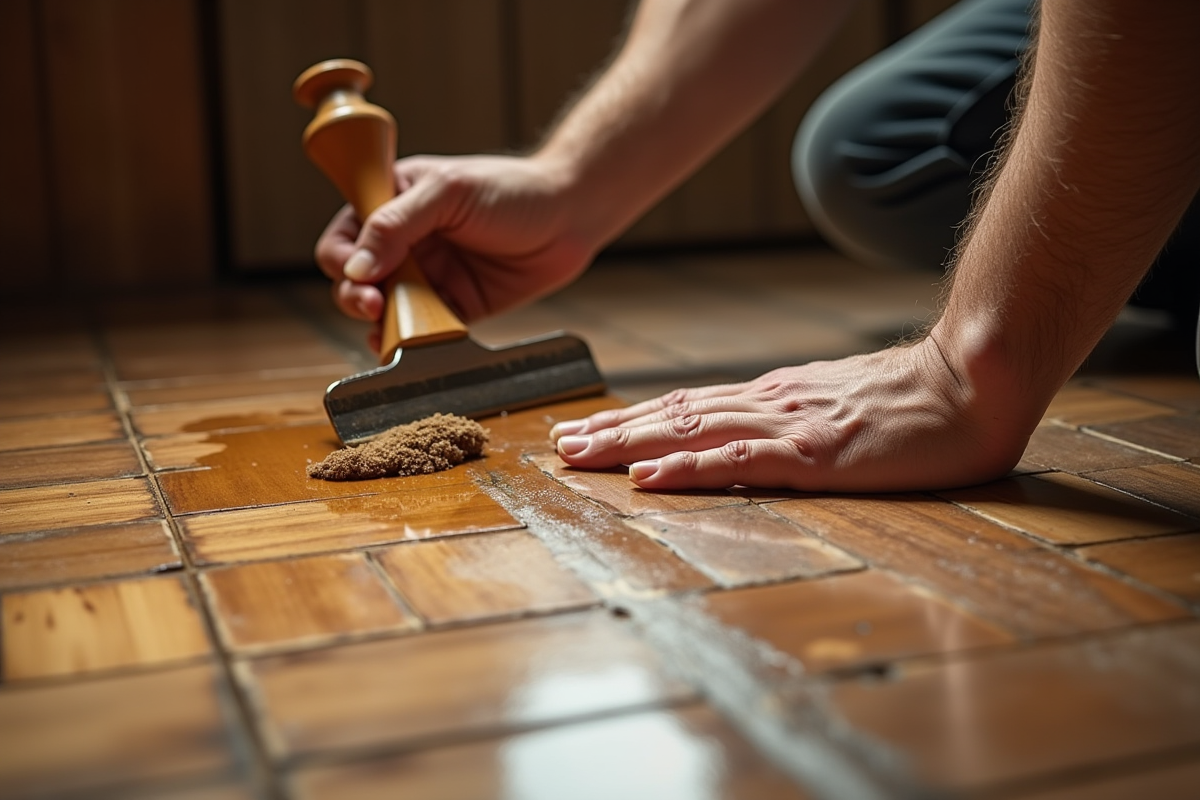 Artisan appliquant une huile naturelle sur un parquet ancien