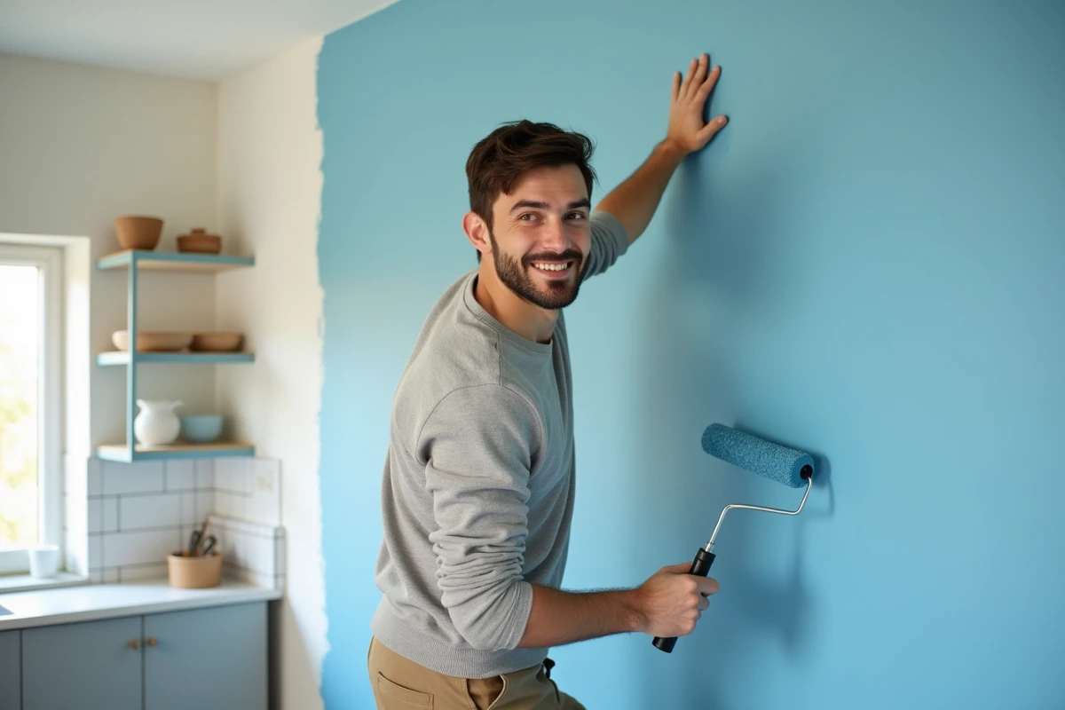 Jeune homme appliquant de la peinture bleue sur un mur