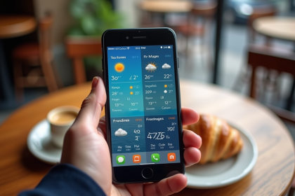 Smartphone avec applications météo françaises sur une table parisienne
