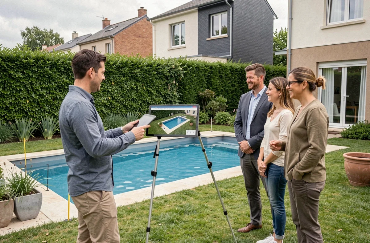 Architecte Aqua Design Piscines présentant une maquette 3D de piscine sur tablette à un couple dans leur jardin de Seine-Saint-Denis, avec des piquets marquant le périmètre du futur bassin