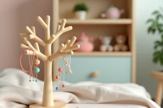 Arbre à bijoux en bois naturel posé sur une commode d'enfant avec colliers et bracelets colorés