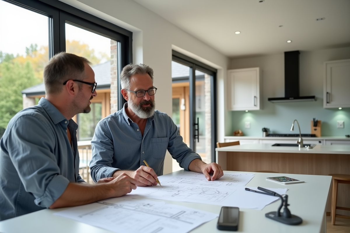 Architecte et propriétaire examinant des plans dans une maison moderne