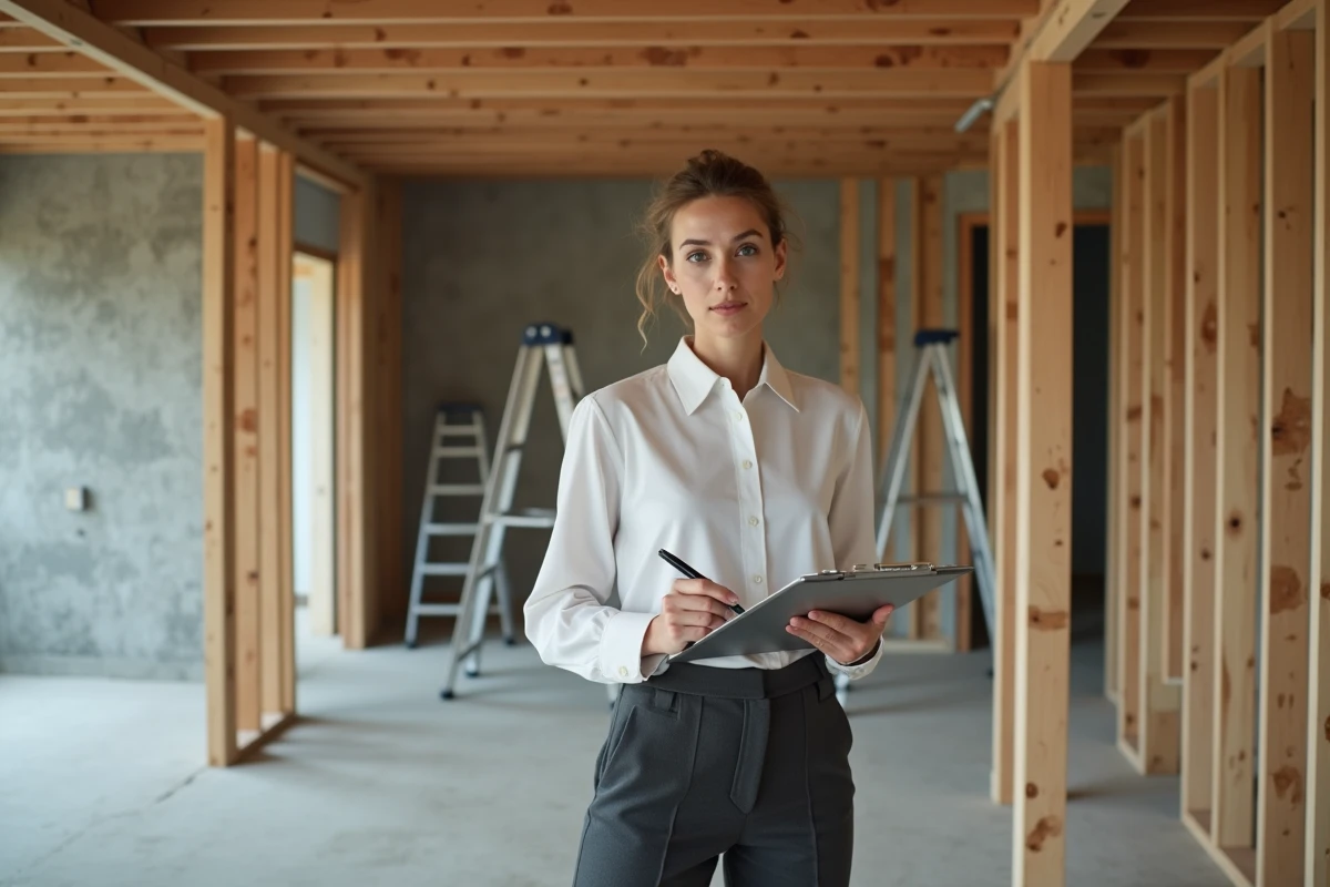 Jeune architecte inspectant la structure en construction