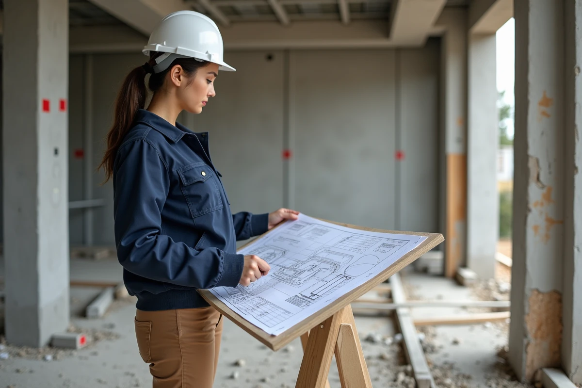 Jeune architecte examinant un plan dans un bâtiment en construction