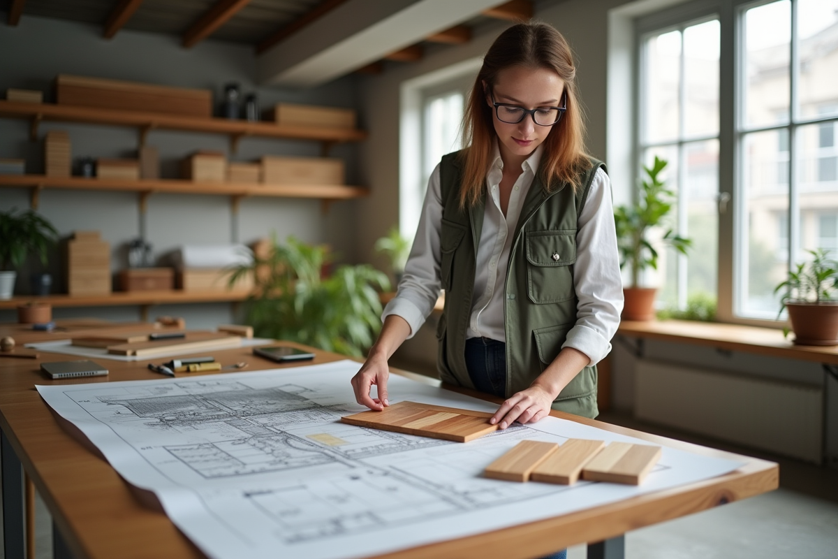 Jeune femme architecte vérifiant des plans de toiture en intérieur
