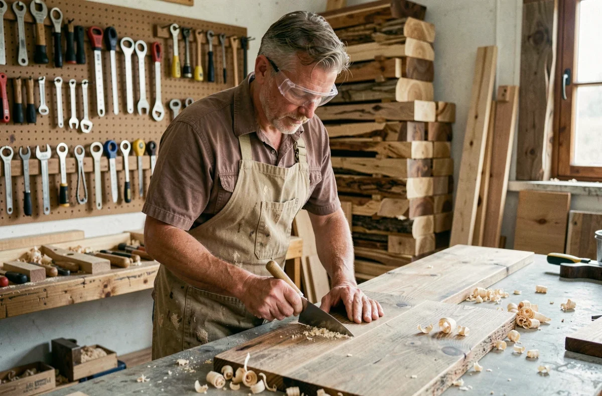 Artisan menuisier finissant à la main un panneau en chêne massif de récupération dans un atelier de boiserie traditionnel, illustrant le savoir-faire artisanal sur mesure.