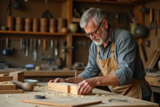 Artisan mesurant un tenon mortaise en bois avec un pied à coulisse dans un atelier de menuiserie traditionnel