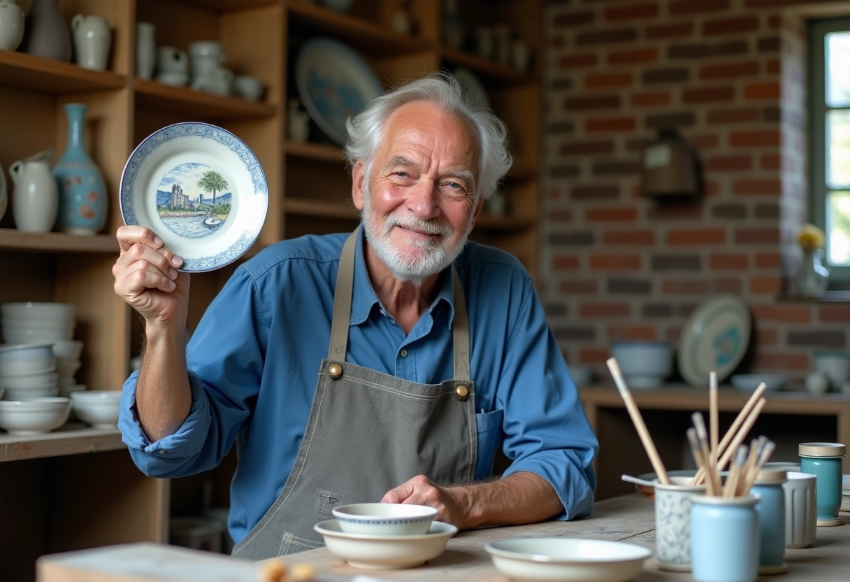 Artisan peint un plat Quimper dans son atelier traditionnel