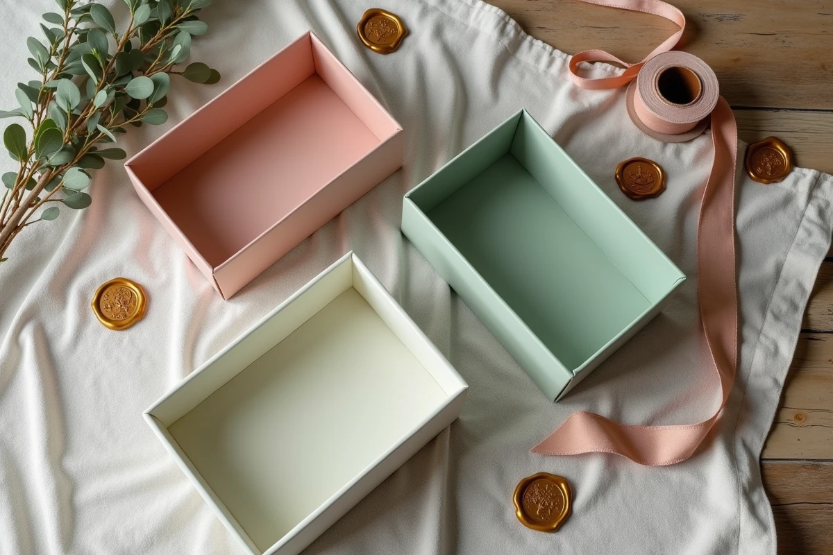 Assortiment de boîtes cadeaux vides luxe en rose poudré, vert sauge et ivoire avec accessoires d'emballage