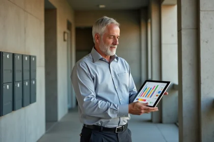 Auditeur énergétique consultant une tablette avec un bilan de performance énergétique dans le couloir d'une copropriété moderne