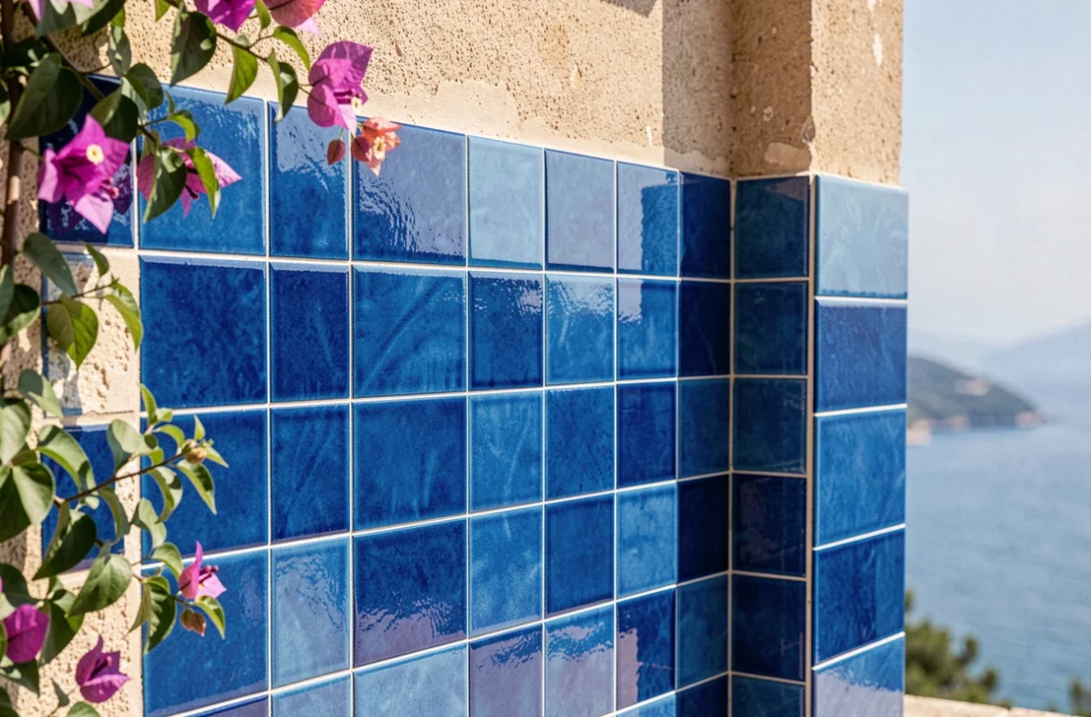 Mosaïque de carreaux en céramique bleu azur sur la façade d'une villa traditionnelle de la Côte d'Azur