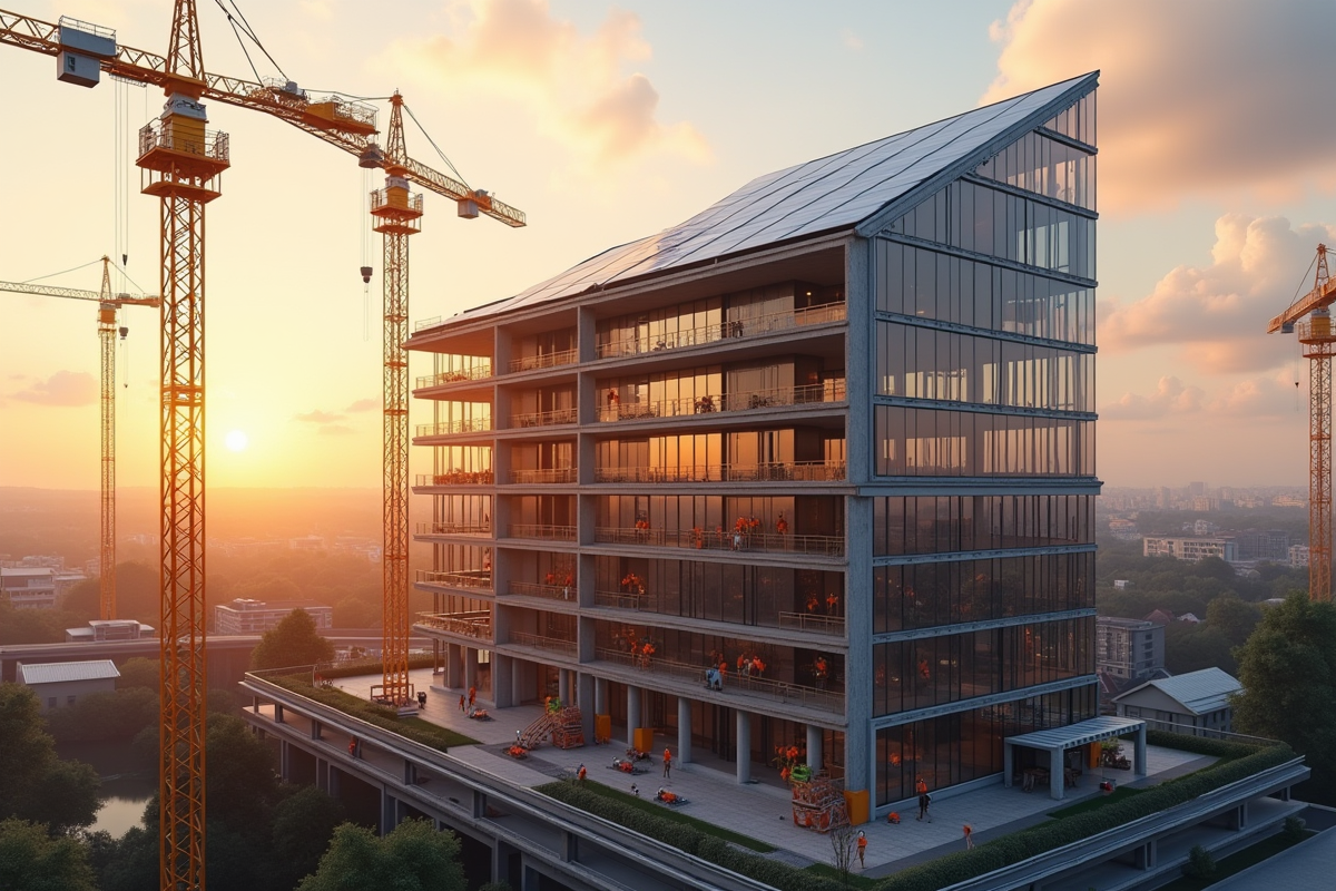 Bâtiment durable en construction avec panneaux solaires et grues