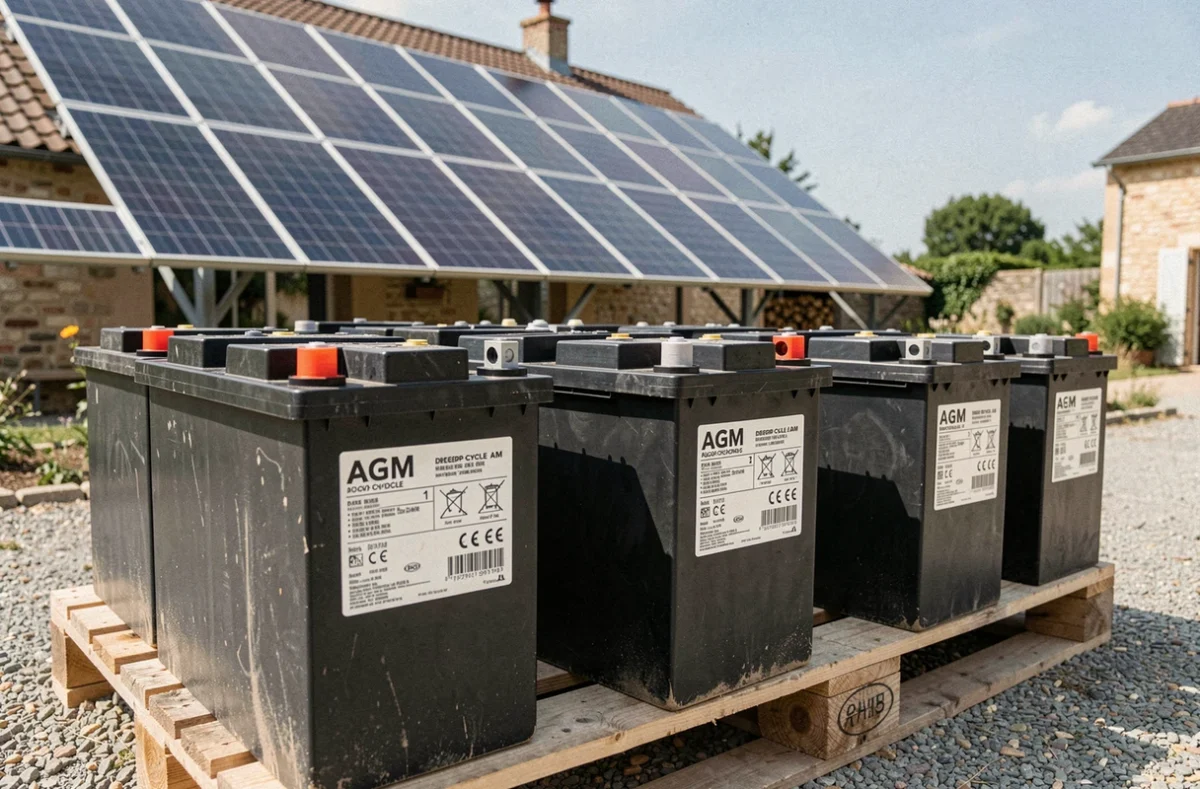 Batterie AGM à décharge profonde posées sur palette devant une installation de panneaux solaires résidentiels de 3000W en milieu rural