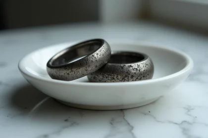 Bijoux en argent très encrassés et noircis posés sur une coupelle en céramique blanche, avant nettoyage