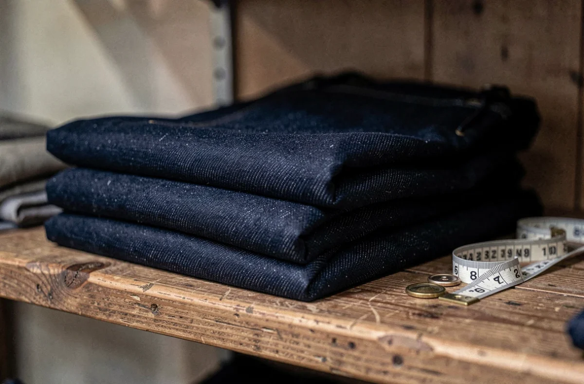 Tissu denim bleu foncé plié en pile sur une étagère en bois dans une boutique artisanale