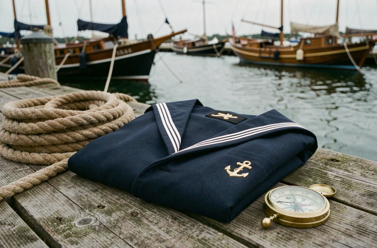 Uniforme de marin français bleu marine plié sur un quai en bois avec une boussole en laiton et des bateaux en arrière-plan