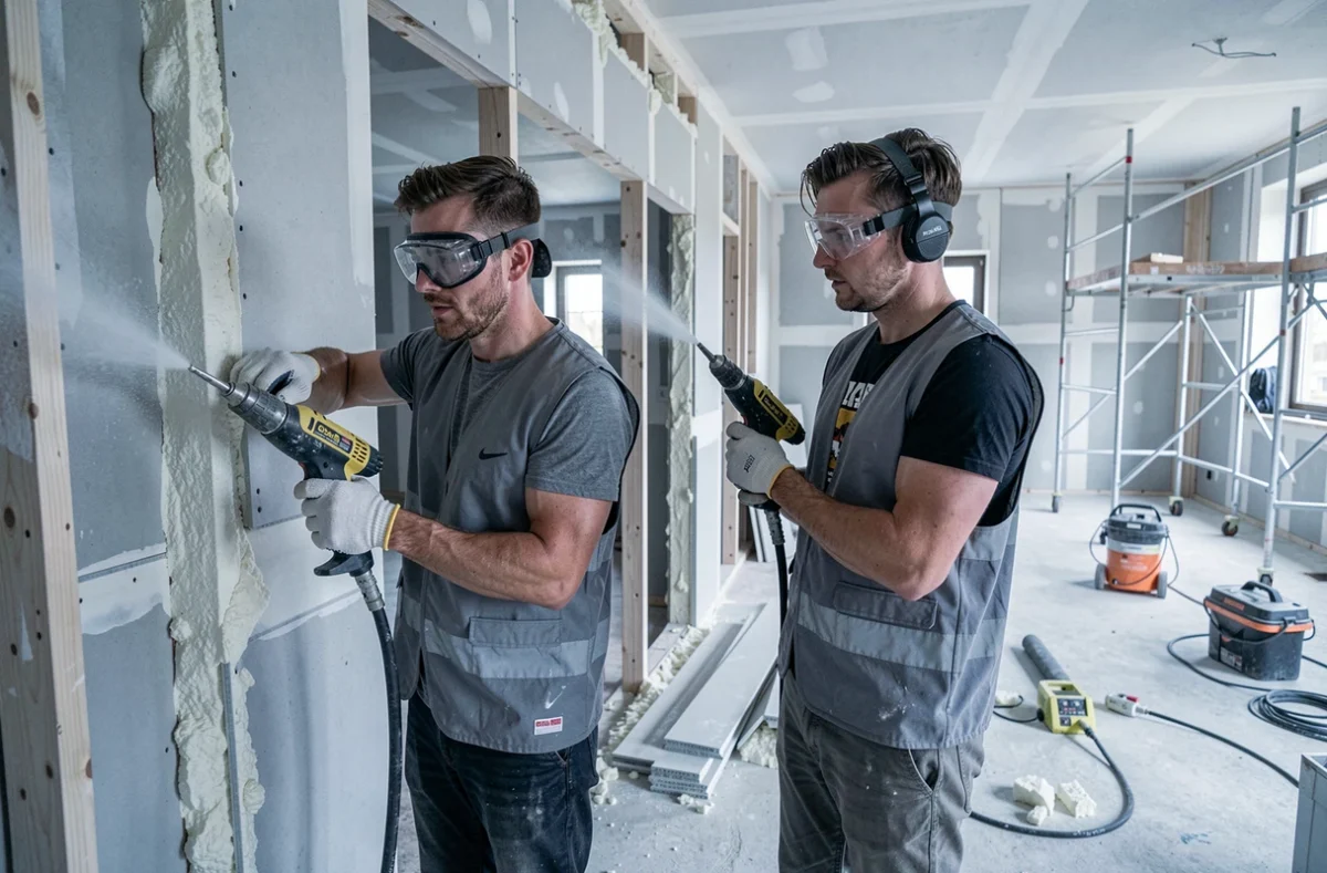 Ouvriers de BNSE appliquant de la mousse isolante dans une construction neuve des Yvelines