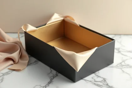 Boîte cadeau vide de luxe noire et dorée sur marbre blanc avec ruban satiné