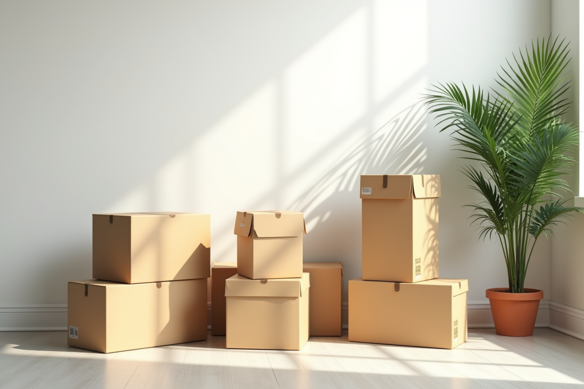Boîtes en carton vides empilées dans un salon lumineux