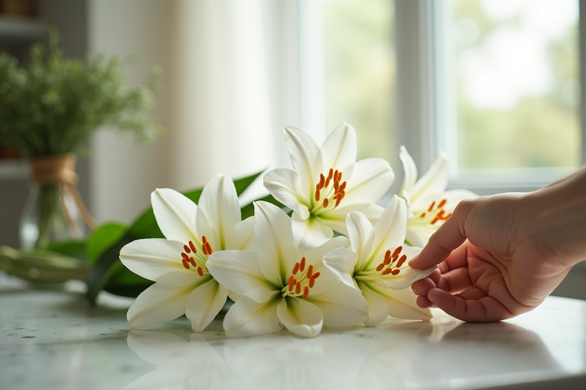 Bouquet de lilies blancs sur une table de cuisine avec main qui retire les étamines