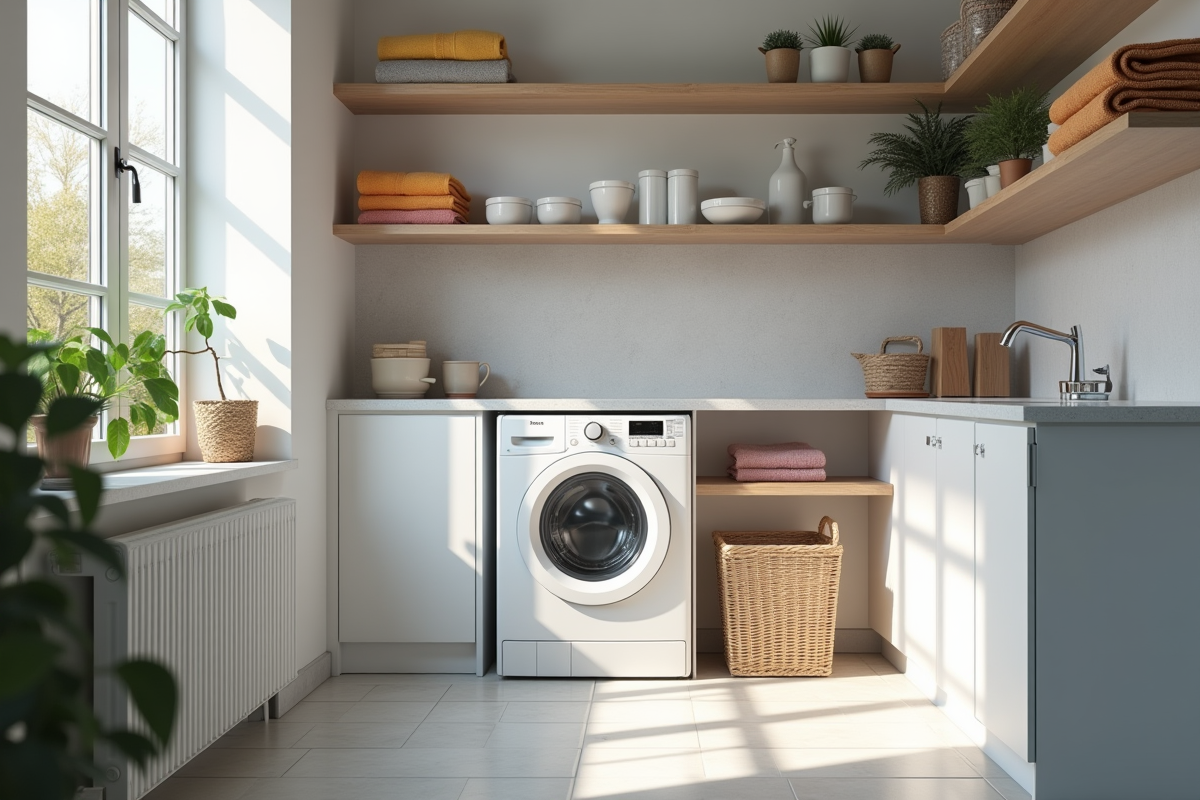 Salle de lavage moderne avec lave-linge séchant entre étagères