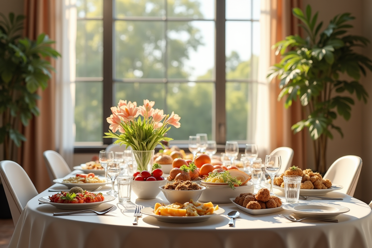 Buffet élégant dans une salle lumineuse avec plats et fleurs