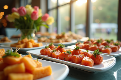 Buffet élégant avec finger foods colorés et fleurs naturelles