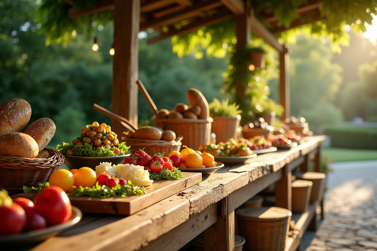 Buffet rustique en plein air avec pains et fruits