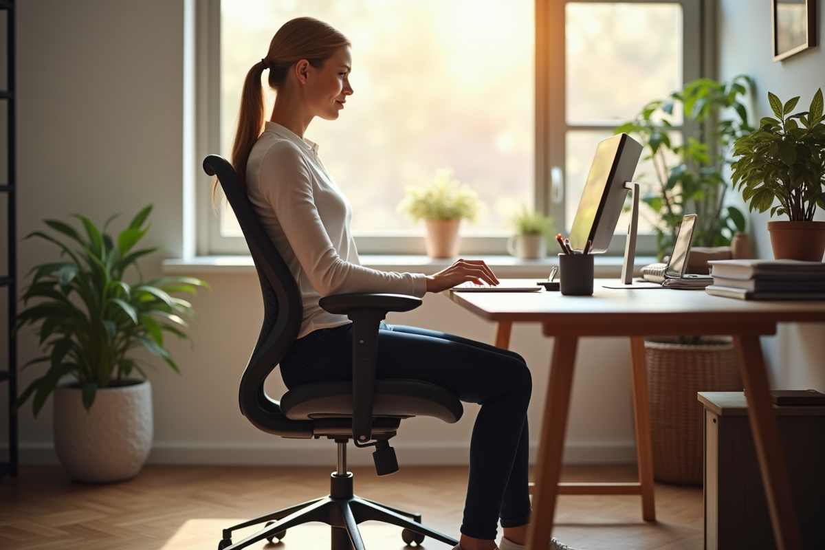 Bureau avec chaise orthopedique et personne en bonne posture