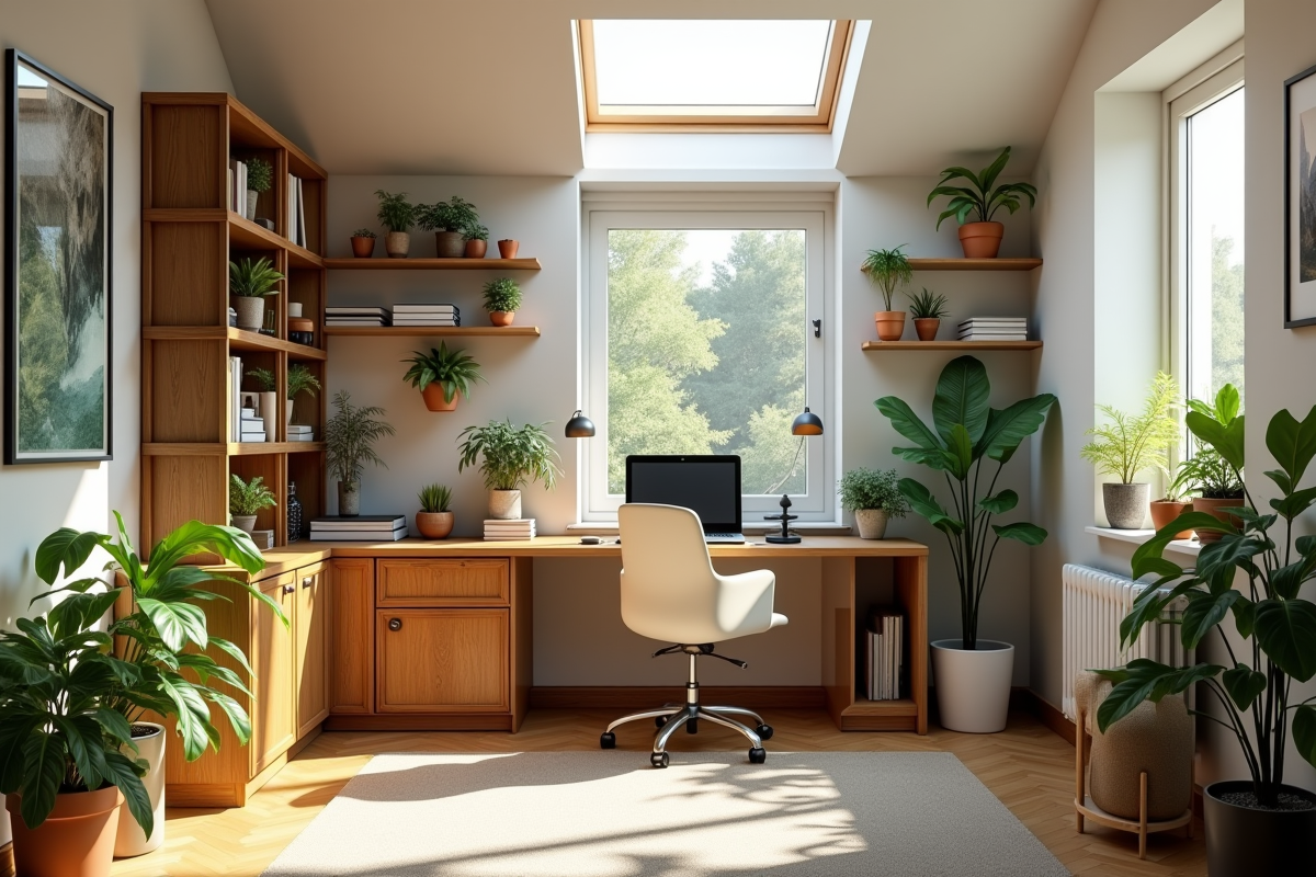 Bureau cosy dans un espace de 16m3 avec plantes et lumière naturelle