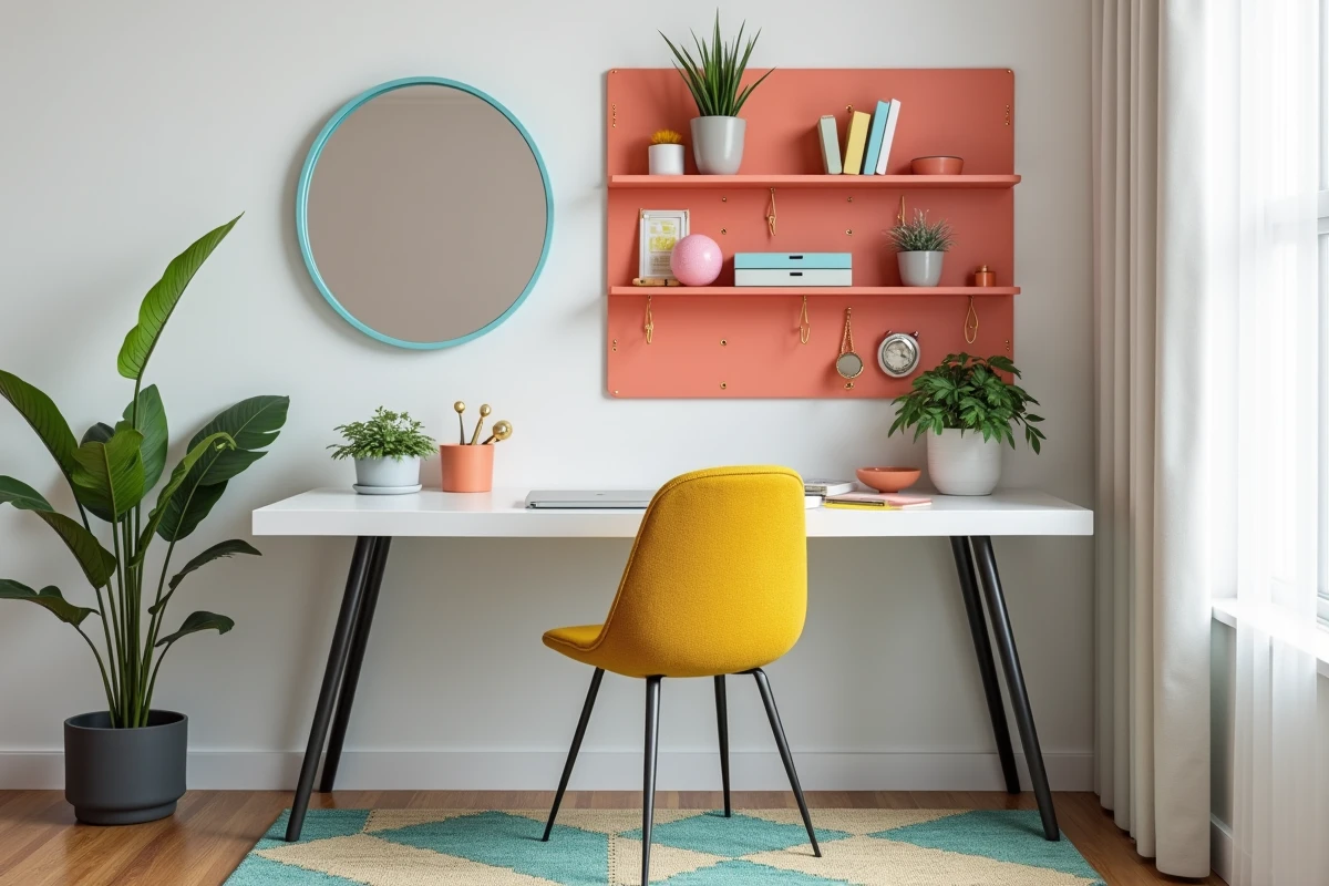 Bureau à domicile pop design chic avec chaise moutarde, pegboard corail et tapis géométrique dans un coin déco tendance
