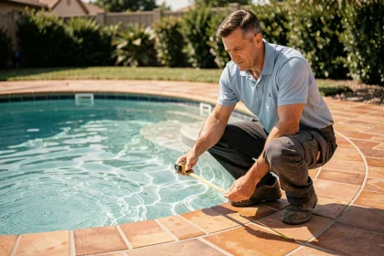 Professionnel mesurant la surface d'une piscine ronde avec un mètre ruban sur le bord carrelé