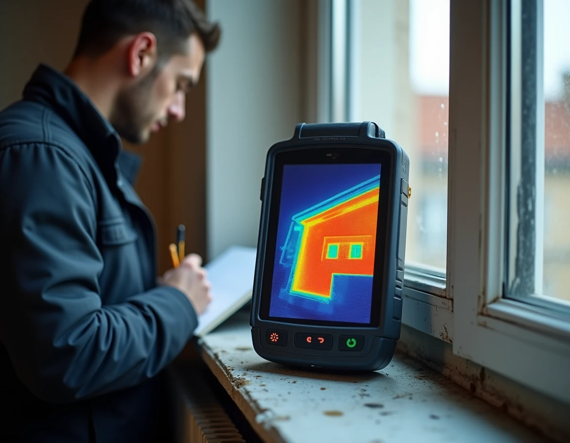 Cam&eacute;ra thermique affichant une carte de chaleur d'un encadrement de fen&ecirc;tre lors d'un audit &eacute;nerg&eacute;tique r&eacute;sidentiel