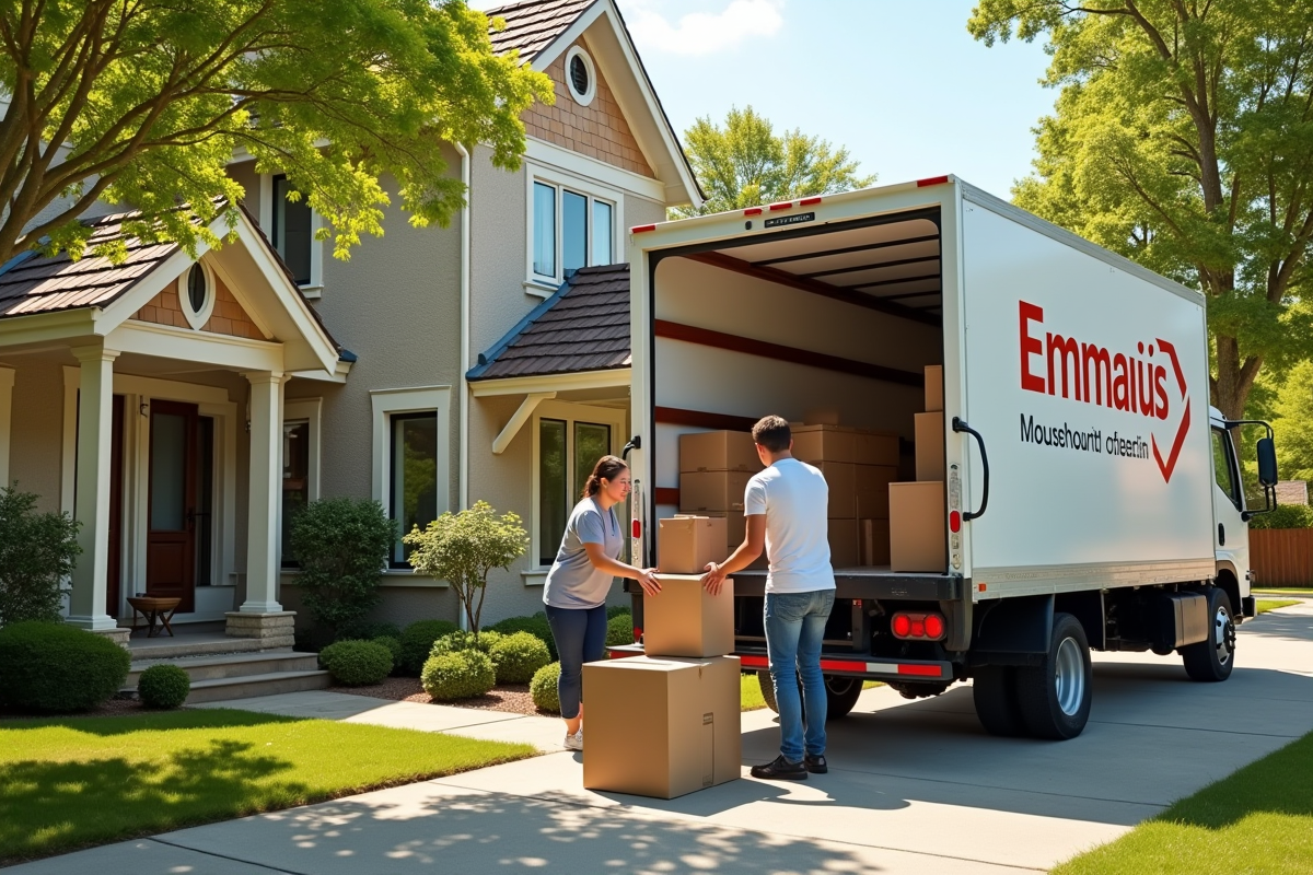 Camion de dons Emmaüs garé devant une maison avec des bénévoles chargant des objets