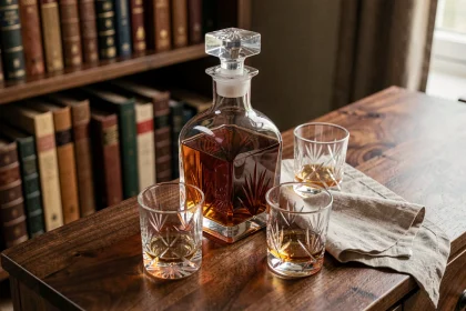 Carafe à whisky en cristal avec deux verres assortis posés sur un meuble en noyer dans un bureau raffiné