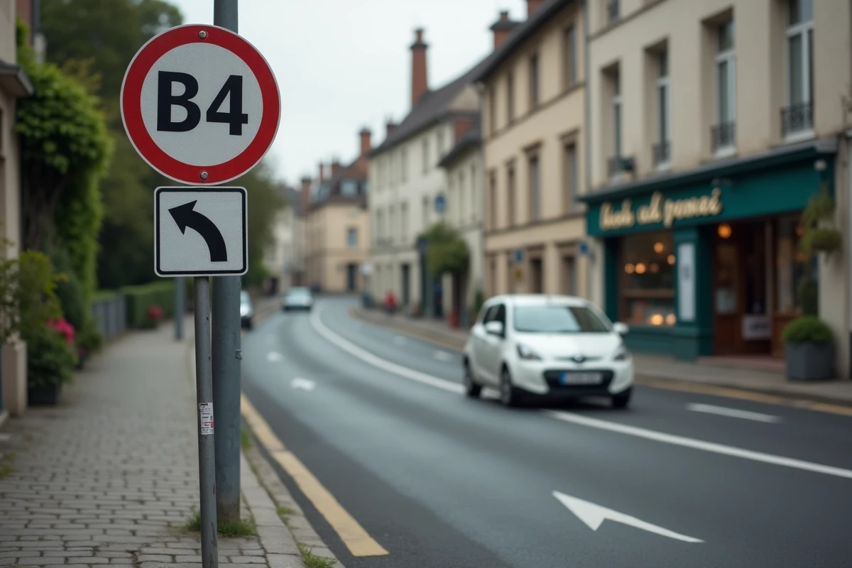 Carrefour urbain avec panneau B34 et voiture respectant la direction obligatoire