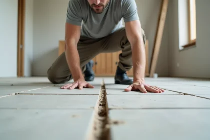 Carreleur au travail sur un sol en construction
