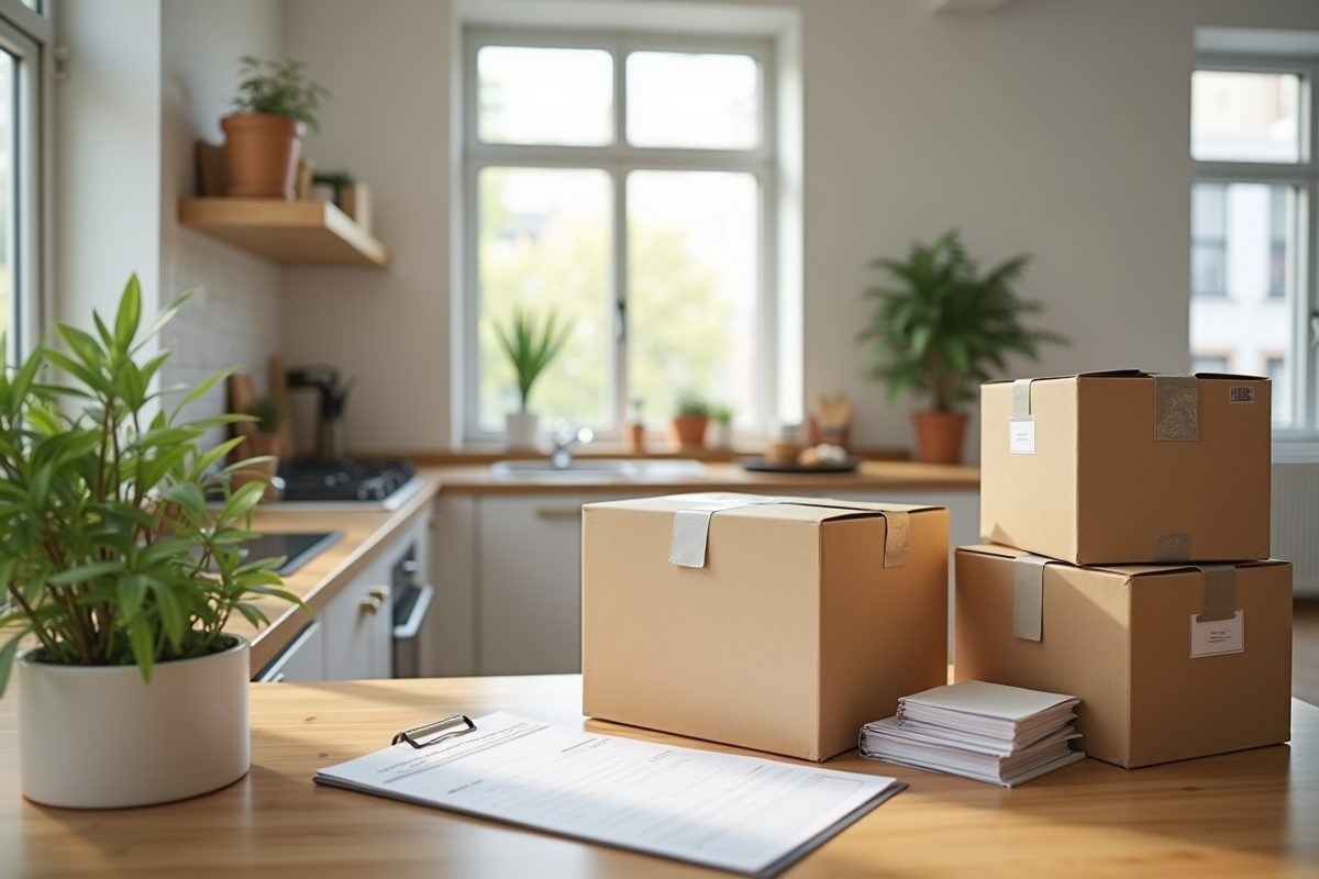 Cartons étiquetés et liste de déménagement sur un plan de travail