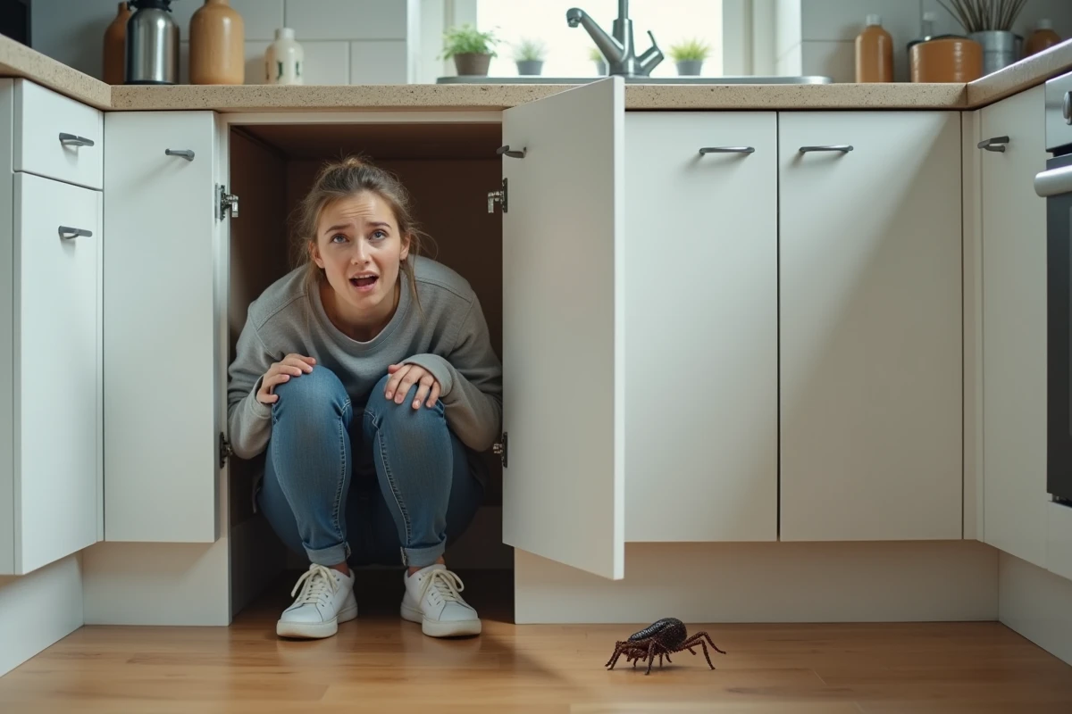 Femme observant un centipède de maison sous le meuble de cuisine dans son appartement