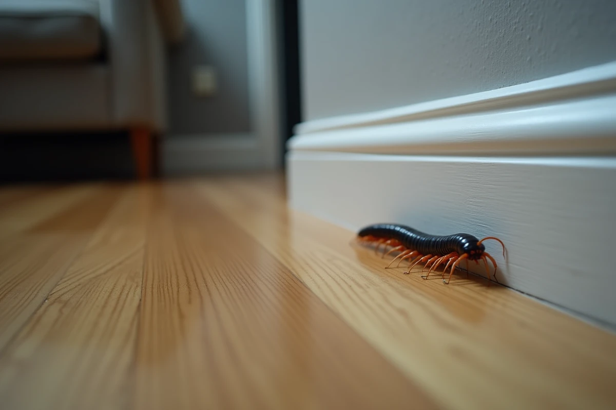 Centipède de maison longeant la plinthe d'un mur dans un salon d'appartement