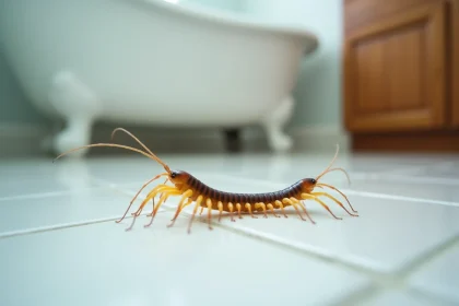 Centipède de maison photographié de près sur le carrelage humide d'une salle de bain d'appartement