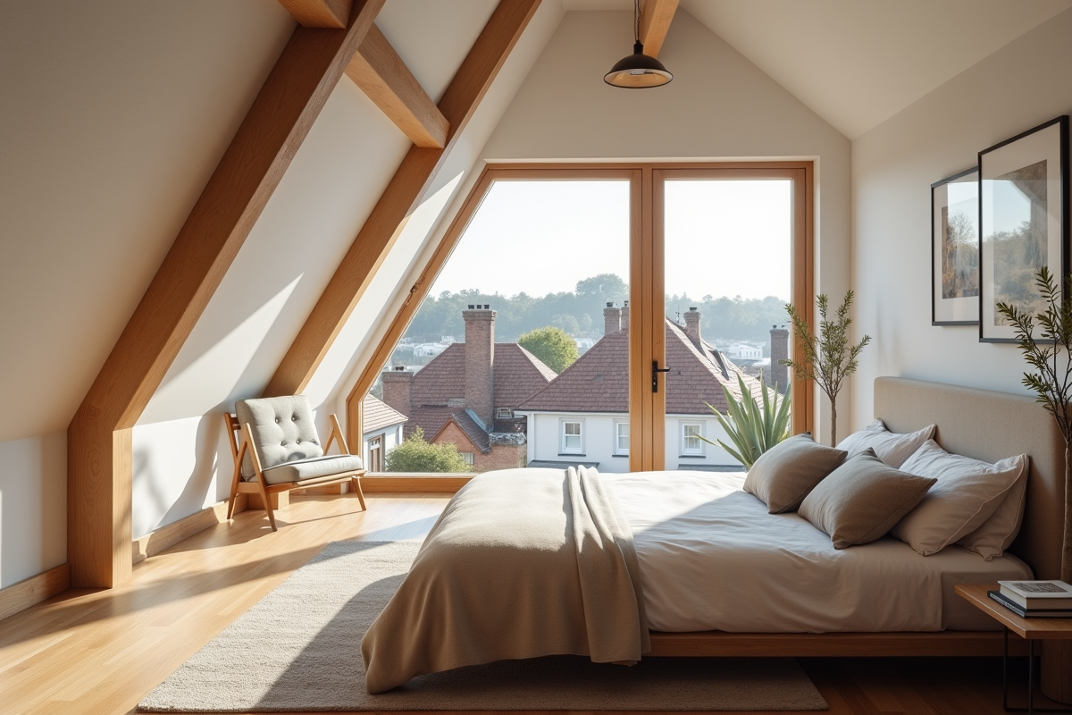 Chambre lumineuse dans un comble aménagé avec poutres apparentes