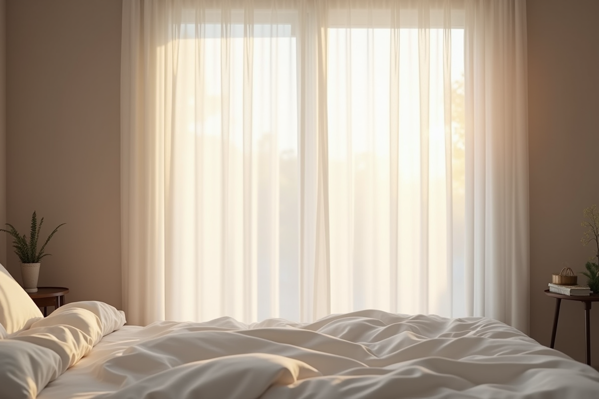Chambre douillette avec rideaux blancs et lumière douce