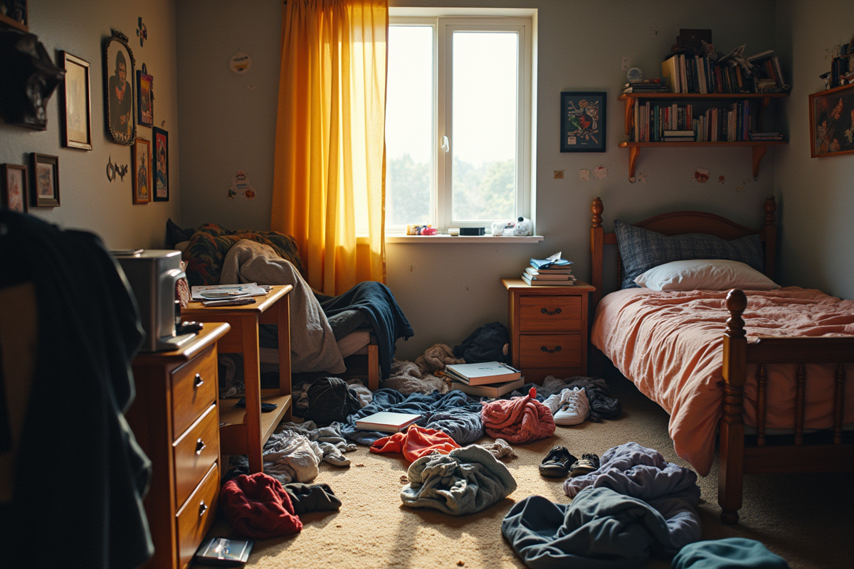 Chambre d'adolescent en désordre avec vêtements et livres