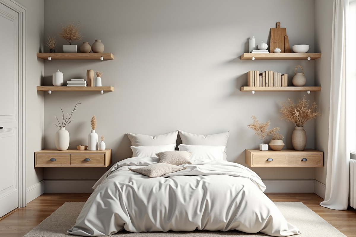 Chambre minimaliste bien rangée avec décoration scandinave